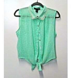 Womens Collared Sheer Top Sz L Polka Dots High Low Sleeveless Mint green LOVELY